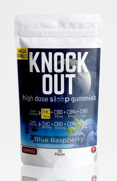 Knock Out Gummy 75mg THC (Rectangular 5ml) Front - Blue Raspberry - 25 pack