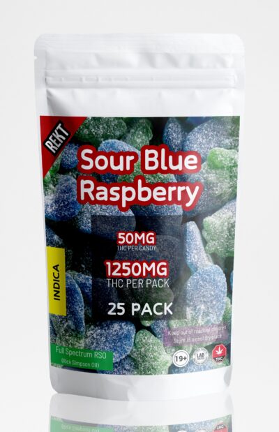 REKT Sour Blue Raspberry Gummies 1250mg THC Indica (25 x 50mg THC)