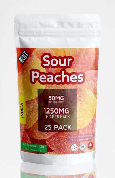 REKT Sour Peaches Gummies 1250mg THC Indica (25 x 50mg THC)